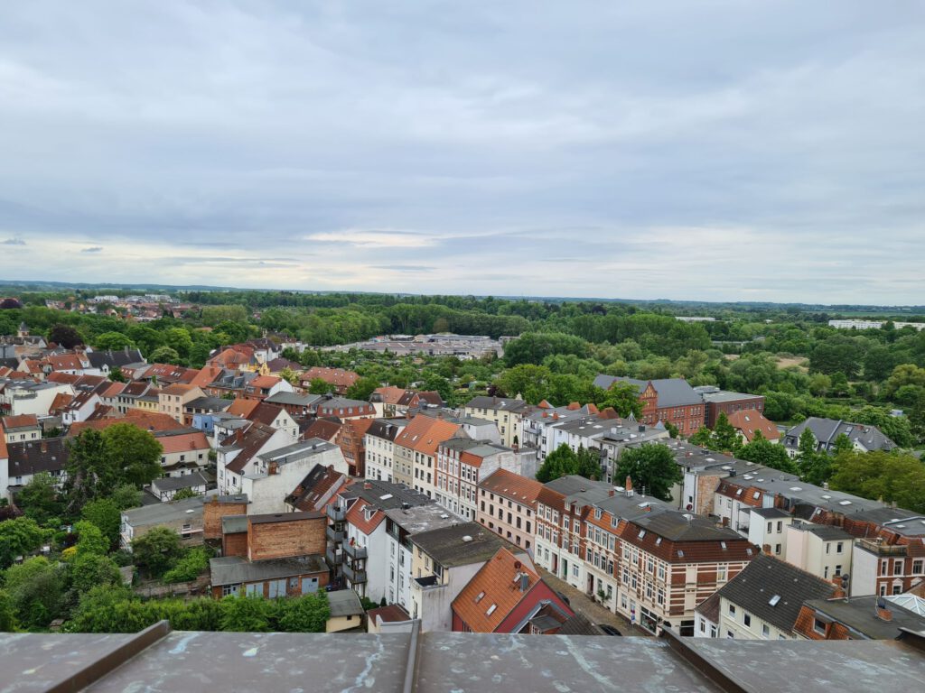 Wismar von oben, Teile der Stadt und inem entfernten Wald