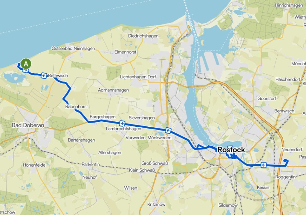 Streckenverlauf der Fahrradtour nach Rostock