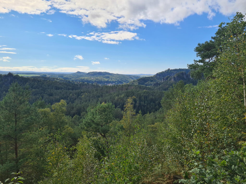Radtour zur Bastei mit Blick Blick über bewaldete Felsenlandschaft der Sächsischen Schweiz